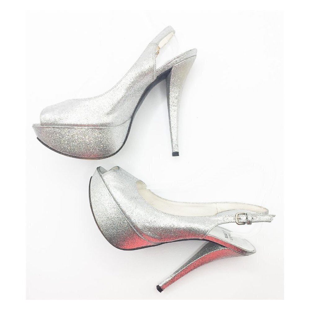 STUART WETZMAN Silver Glitter Open Toe Platform Slingback Pumps